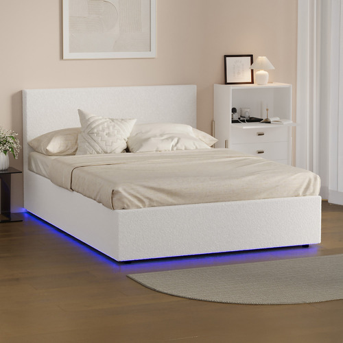 White Saisha Boucle Gas Lift Bed with LED