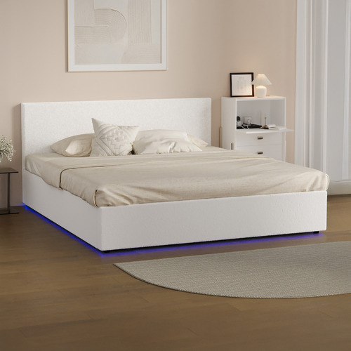 White Saisha Boucle Gas Lift Bed with LED
