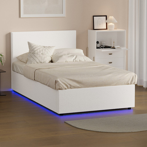 White Saisha Boucle Gas Lift Bed with LED