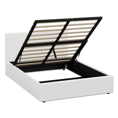 White Saisha Boucle Gas Lift Bed with LED