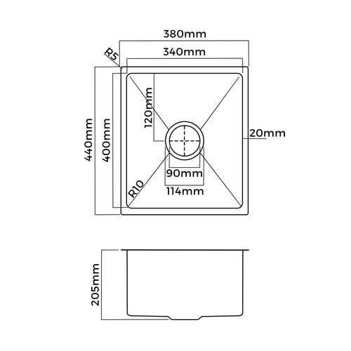 Bowen 380mm 304SS Single Kitchen Sink