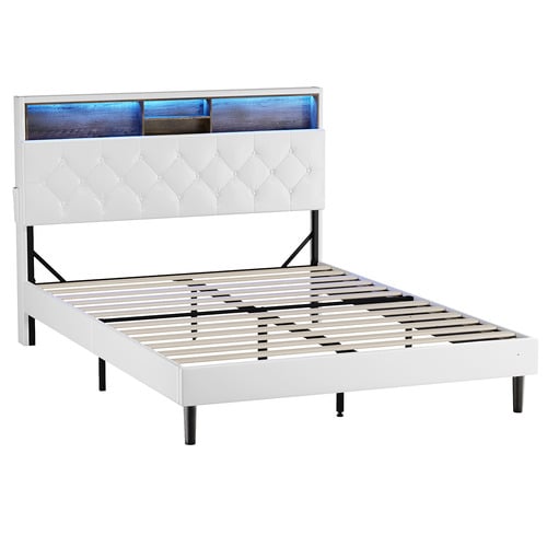 White Vinie Faux Leather Bed with LED