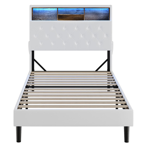 White Vinie Faux Leather Bed with LED