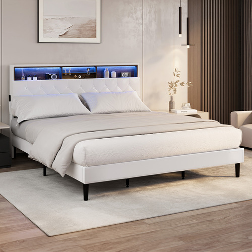 White Vinie Faux Leather Bed with LED