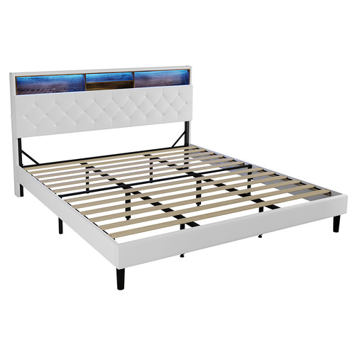 White Vinie Faux Leather Bed with LED