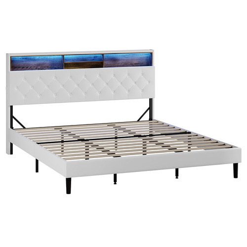 White Vinie Faux Leather Bed with LED
