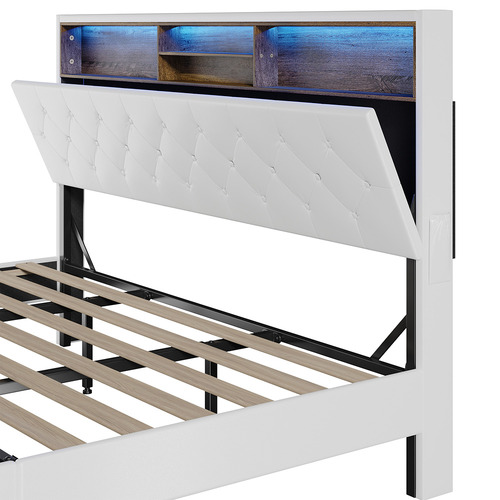 White Vinie Faux Leather Bed with LED