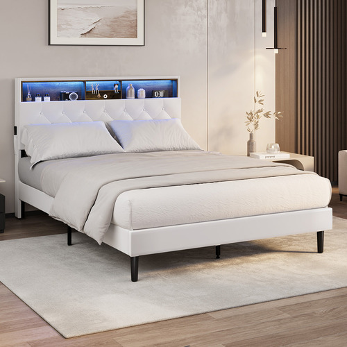 White Vinie Faux Leather Bed with LED