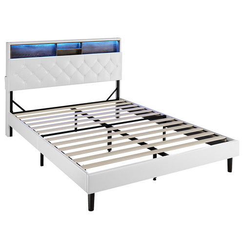 White Vinie Faux Leather Bed with LED