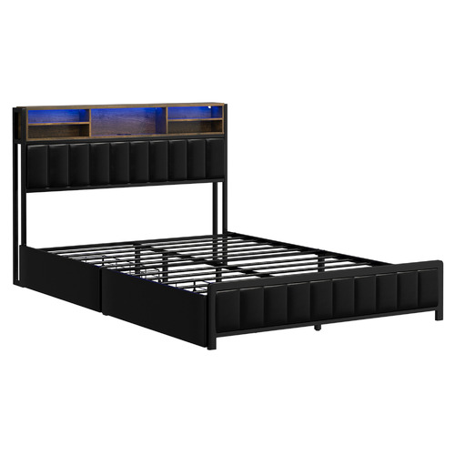Aly Faux Leather  Bed with LED & Drawers