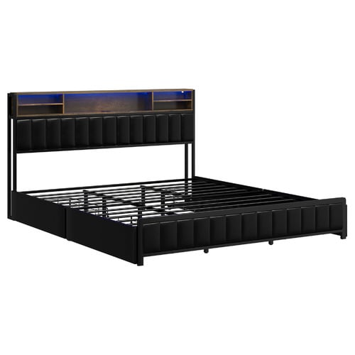 Aly Faux Leather King  Bed with LED & Drawers