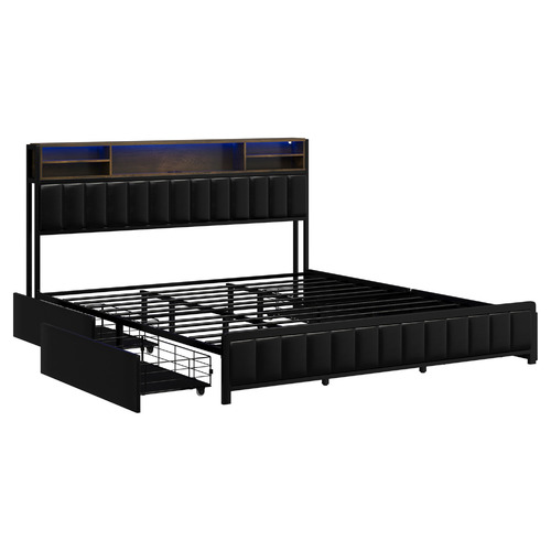 Aly Faux Leather King  Bed with LED & Drawers