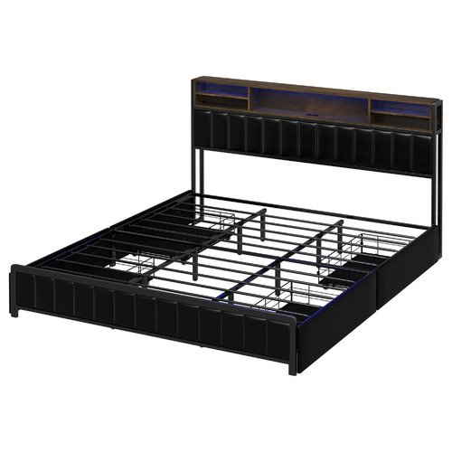 Aly Faux Leather King  Bed with LED & Drawers