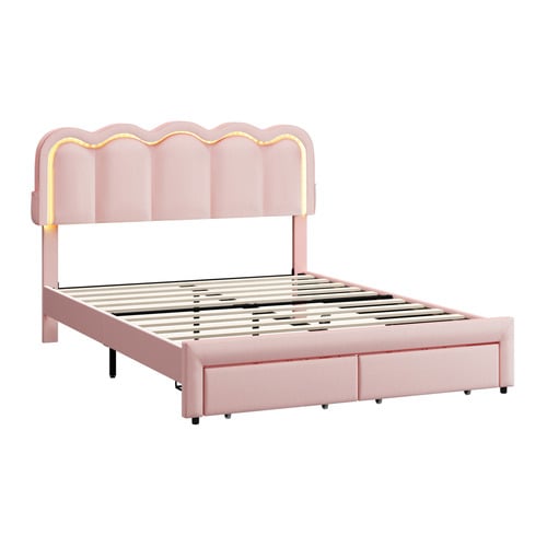 Chloe Velvet Bed Frame with LED & Drawers