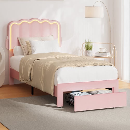 Chloe Velvet Bed Frame with LED & Drawers