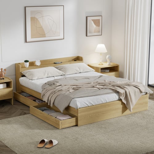 Natural Cassandra Bed with USB Port & Drawers