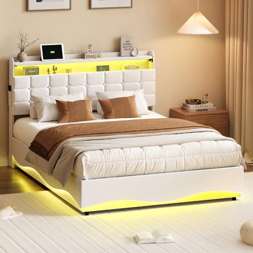 Kiana Faux Leather Gas Lift Storage Bed with LED & Charging Station