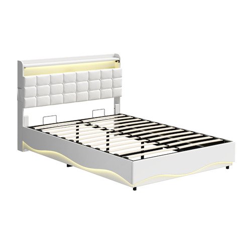 Kiana Faux Leather Gas Lift Storage Bed with LED & Charging Station