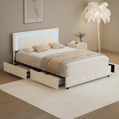 Akela Velvet Bed Frame with LED & Drawers