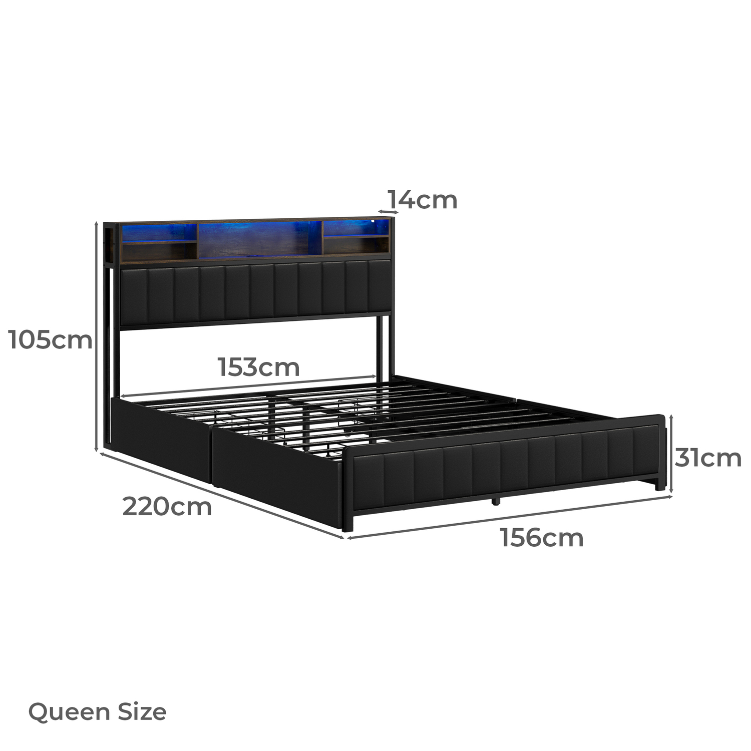 Aly Faux Leather Bed with LED & Drawers