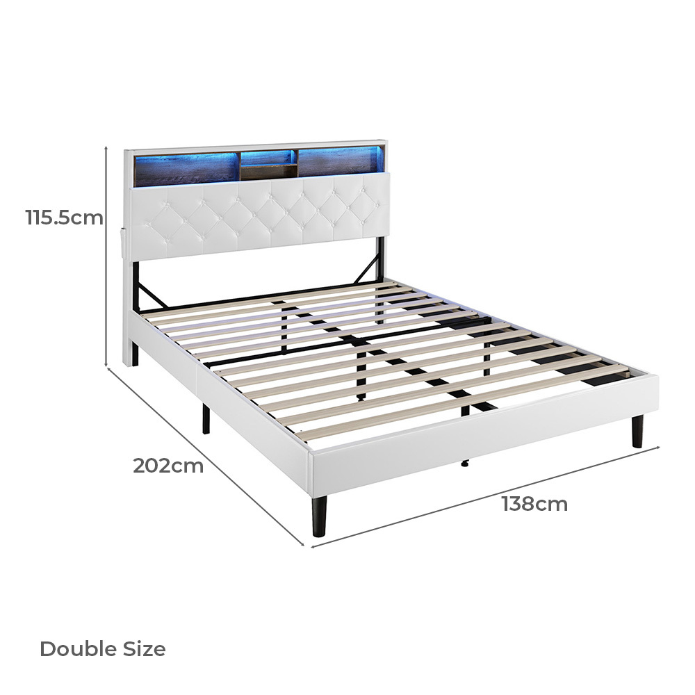 White Vinie Faux Leather Bed with LED