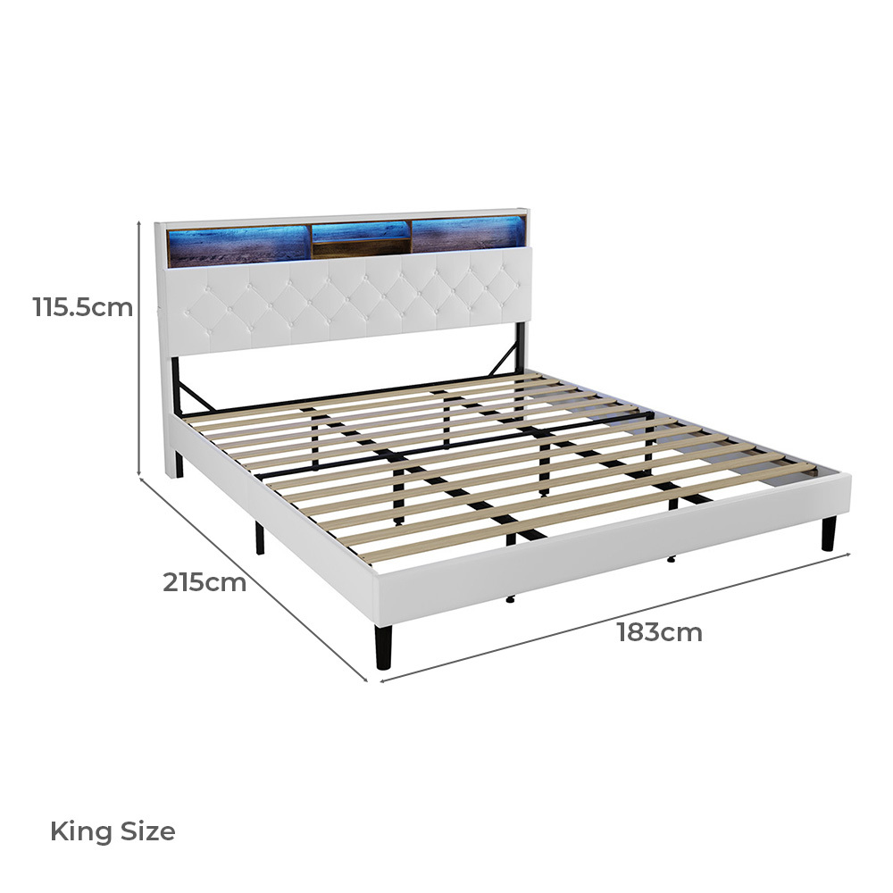 White Vinie Faux Leather Bed with LED