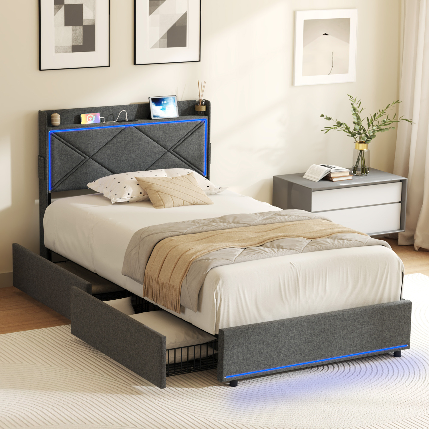Nova Upholstered Bed with LED & Drawers
