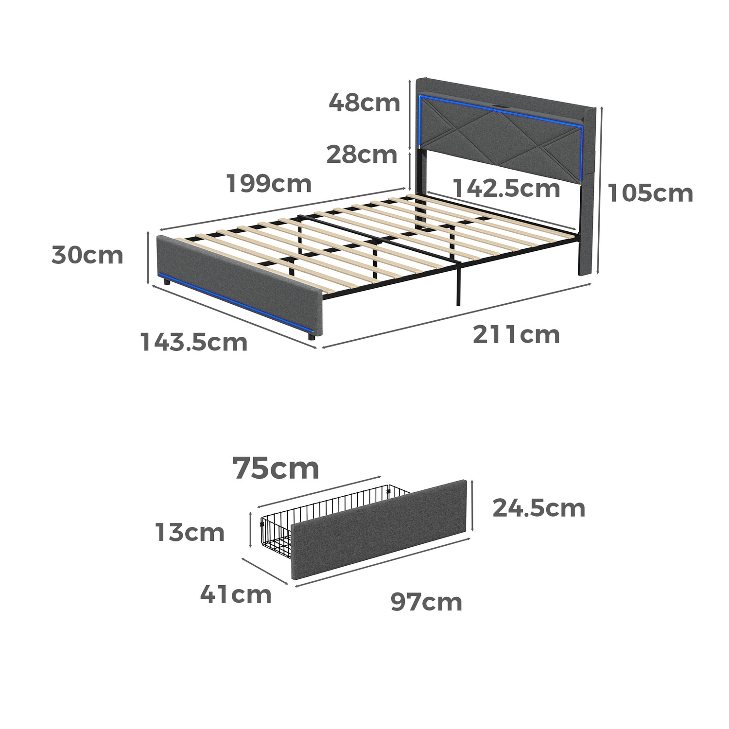 Nova Upholstered Bed with LED & Drawers