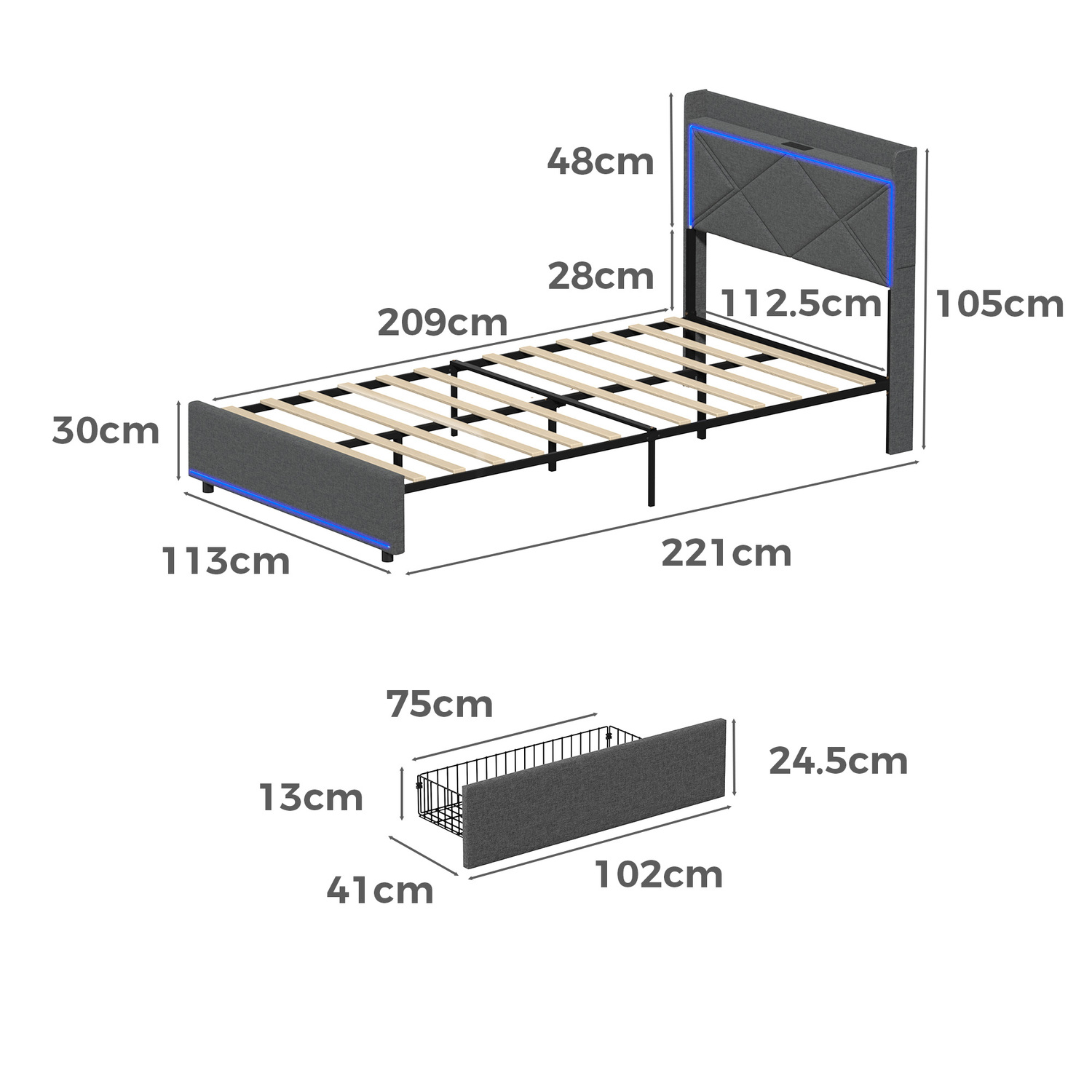 Nova Upholstered Bed with LED & Drawers