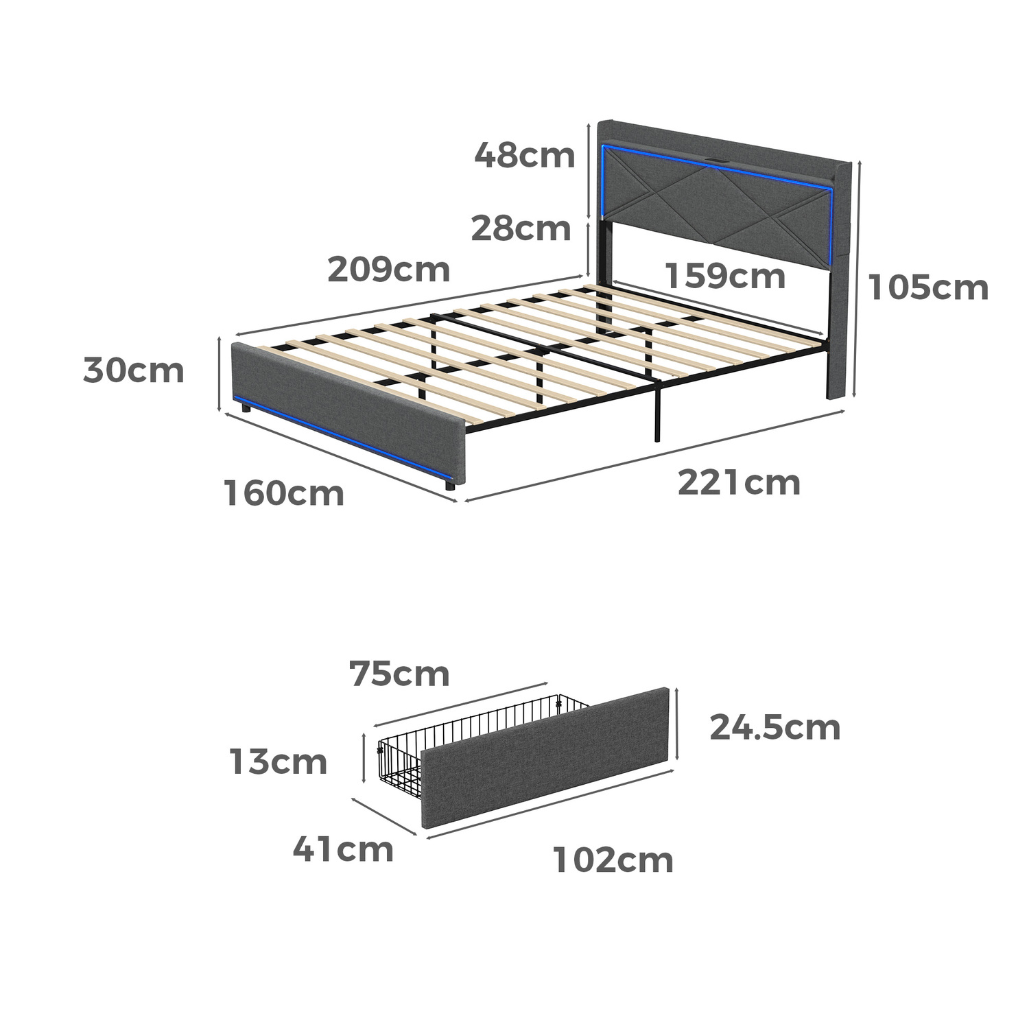 Nova Upholstered Bed with LED & Drawers