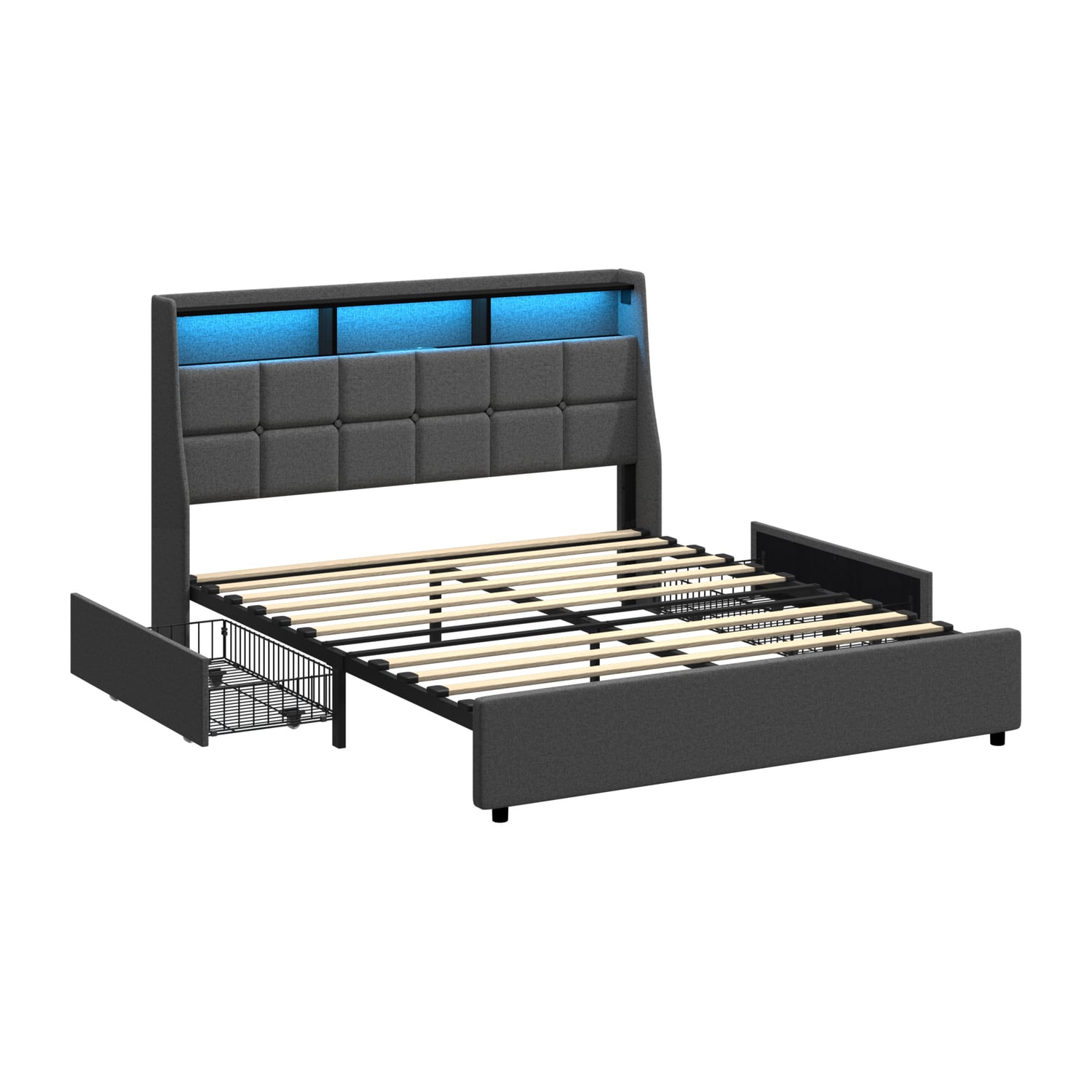 Abrielle Upholstered Double Frame Bed with LED & 2 Drawers