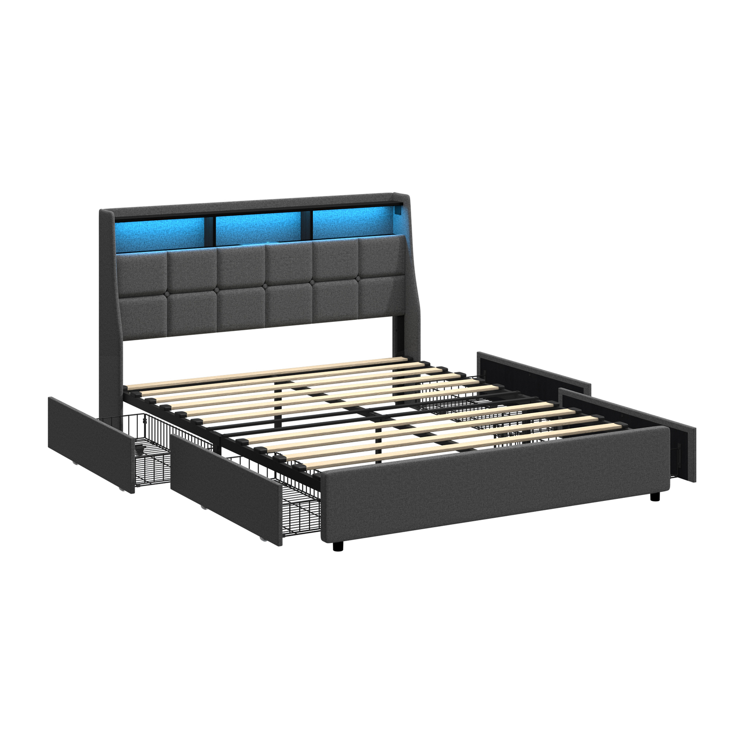 Abrielle Upholstered Frame Bed with LED & 4 Drawers