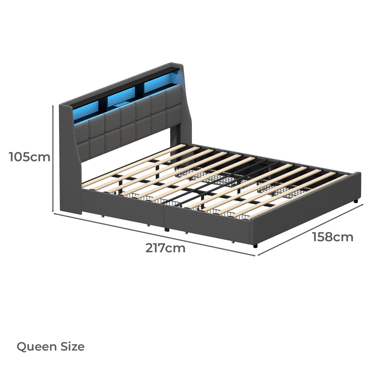 Abrielle Upholstered Frame Bed with LED & 4 Drawers