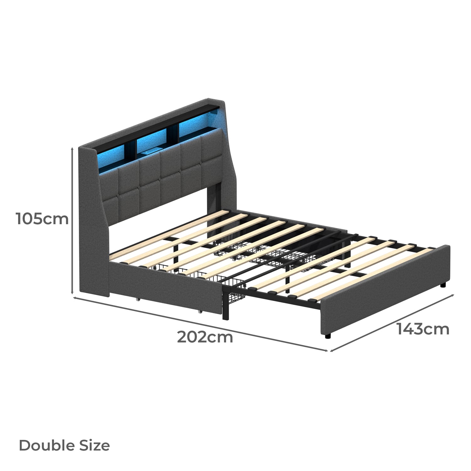 Abrielle Upholstered Frame Bed with LED & Drawers