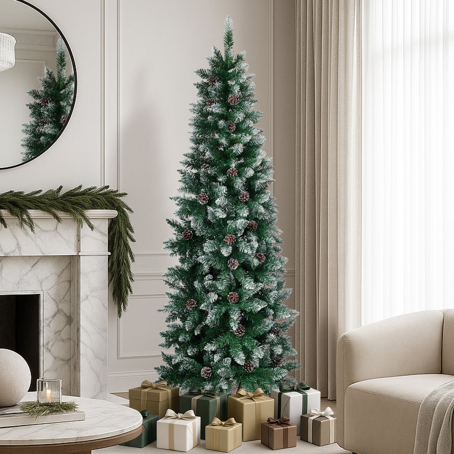 Green Slim LED Christmas Tree with Pine Cones
