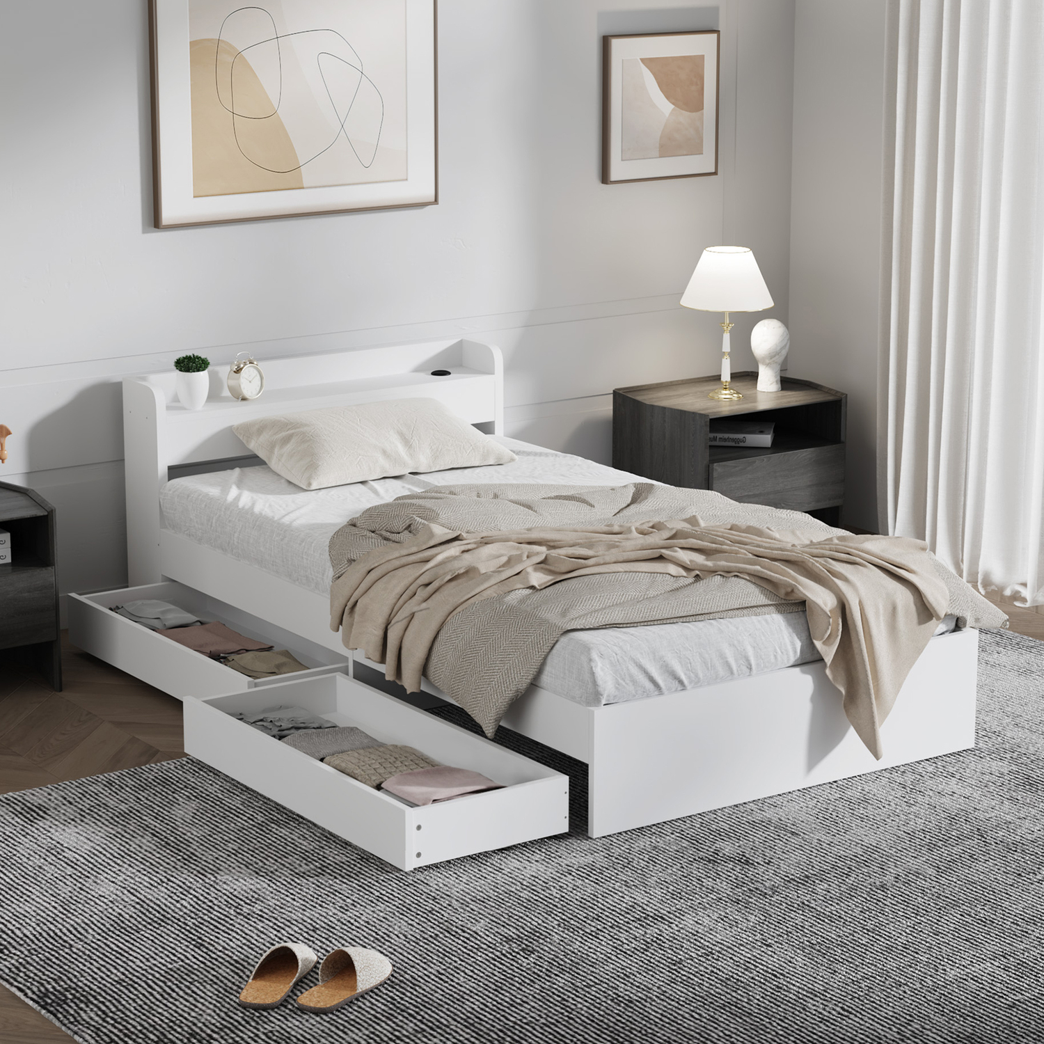 White Cassandra Bed with USB Port & Drawers