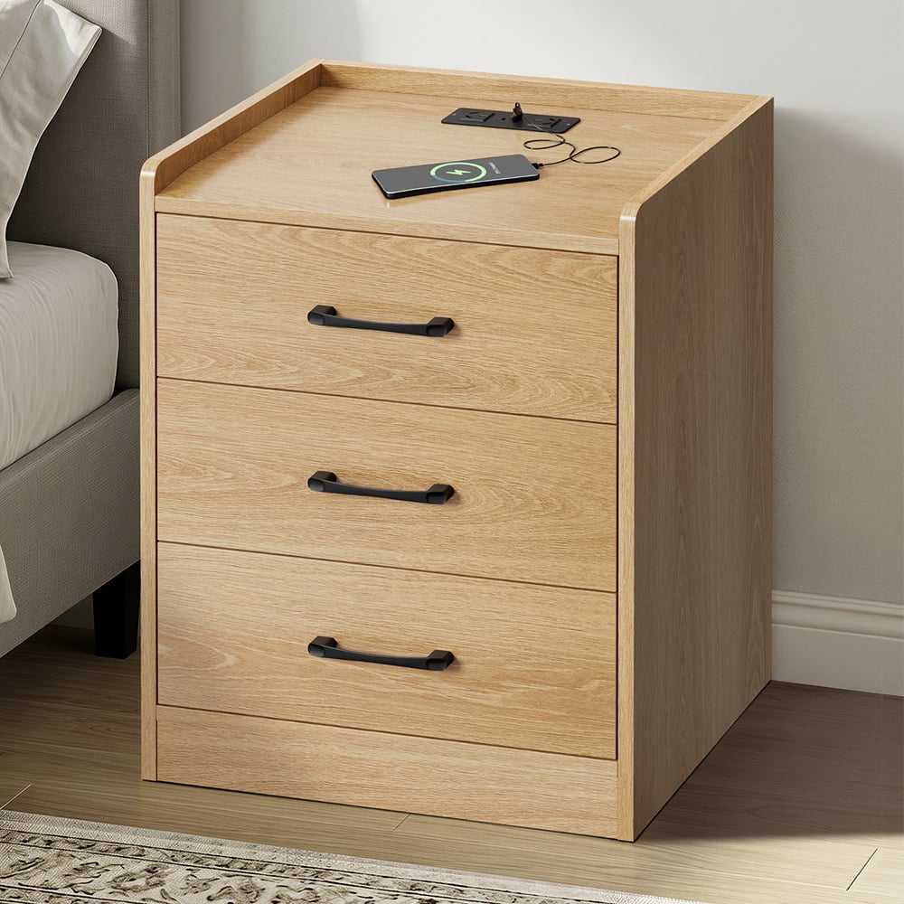 Jacobo 3 Drawer Bedside Table with AC Outlet & USB Port