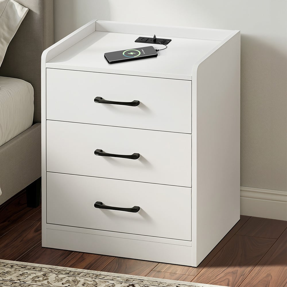 Jacobo 3 Drawer Bedside Table with AC Outlet & USB Port