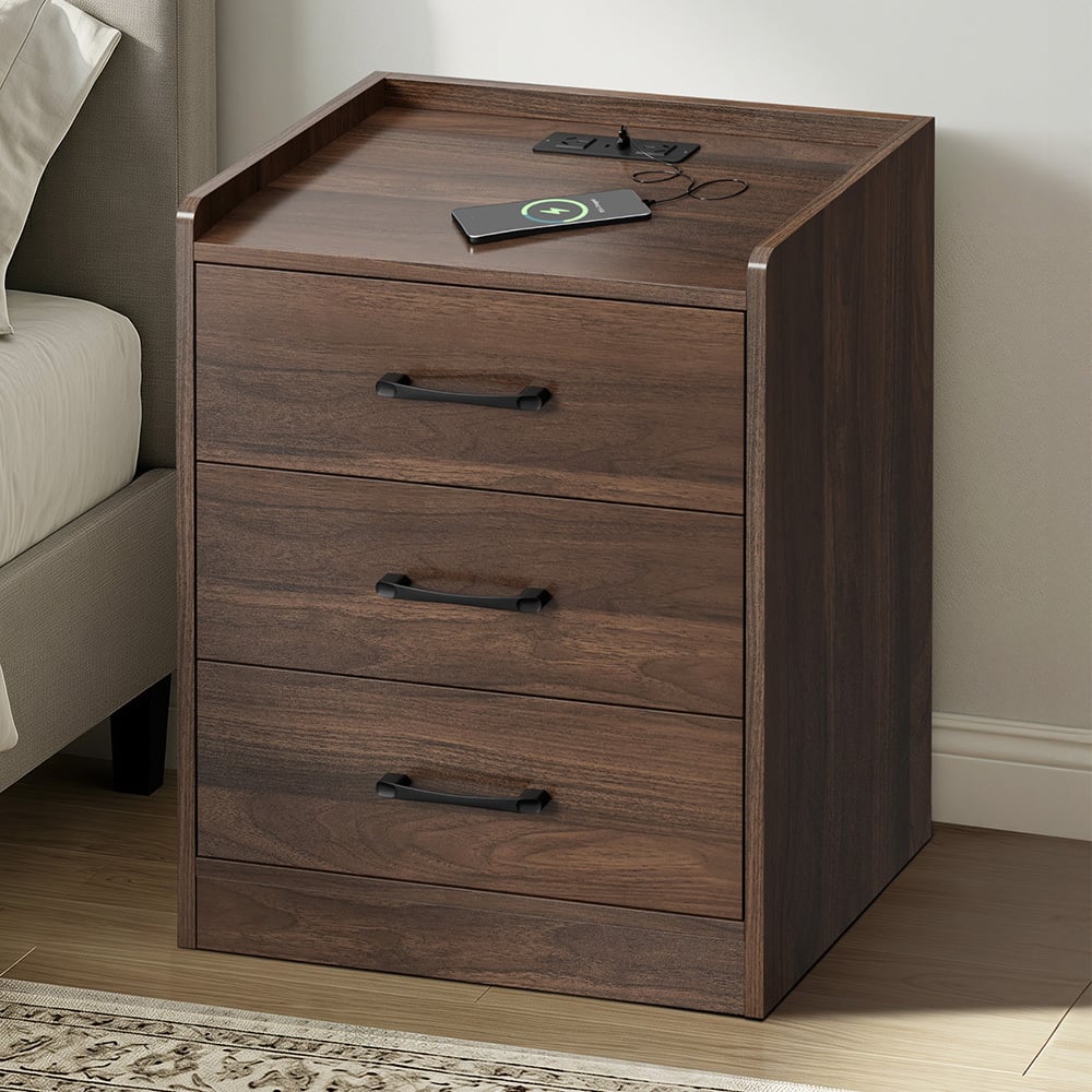 Jacobo 3 Drawer Bedside Table with AC Outlet & USB Port