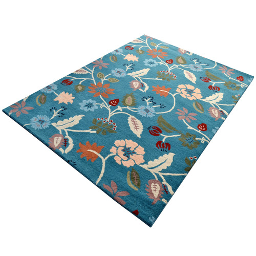 Teal Blue Botanical Hand-Tufted Wool Rug