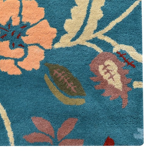 Teal Blue Botanical Hand-Tufted Wool Rug