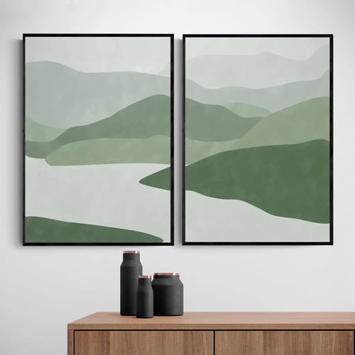 Green Abstract Framed Paper Print Wall Art Diptych