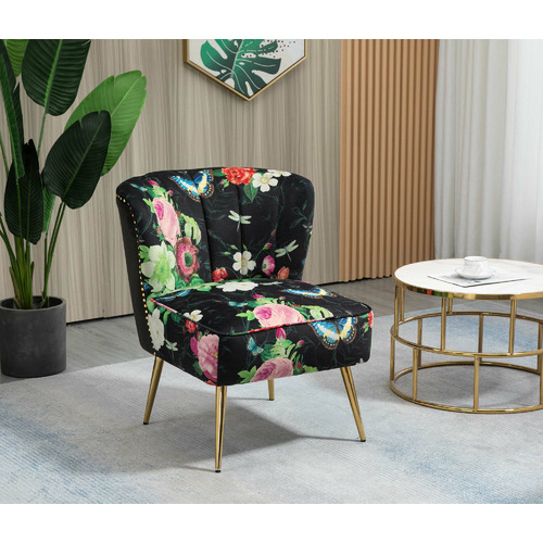 Pink Rose & Butterfly on Black Velvet Accent Chair