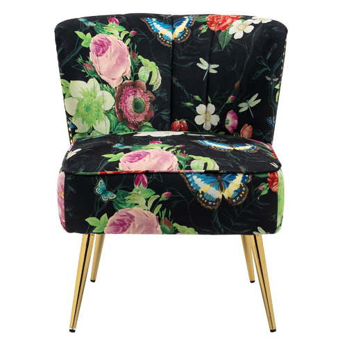 Pink Rose & Butterfly on Black Velvet Accent Chair