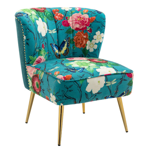 Red Flower & Butterfly on Blue Velvet Accent Chair