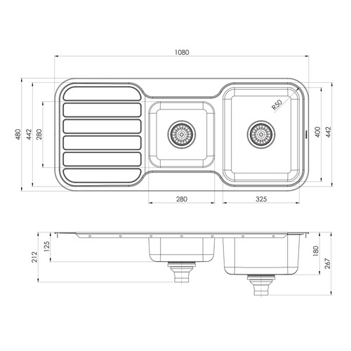 1000 Series 1080mm 1 & 34 Double Bowl Kitchen Sink with Drainer