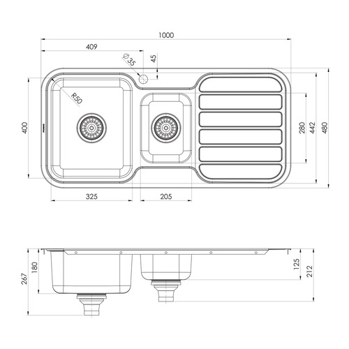 1000 Series 1000mm 1 & 13 Double Bowl Kitchen Sink with Drainer