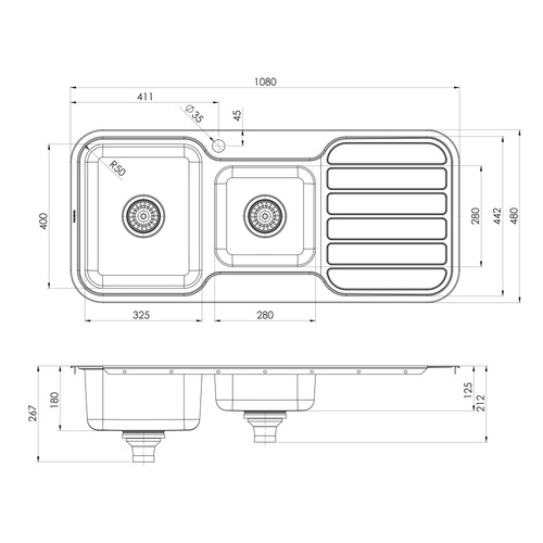 1000 Series 1080mm 1 & 34 Double Bowl Kitchen Sink with Drainer