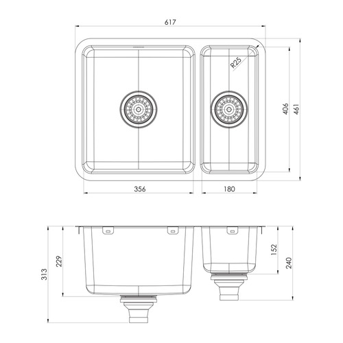 2000 Series 617mm 1 & 12 Double Bowl Kitchen Sink