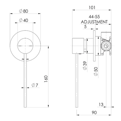 Accessible Vivid Slimline Pin Extended Lever Shower/Bath Wall Mixer